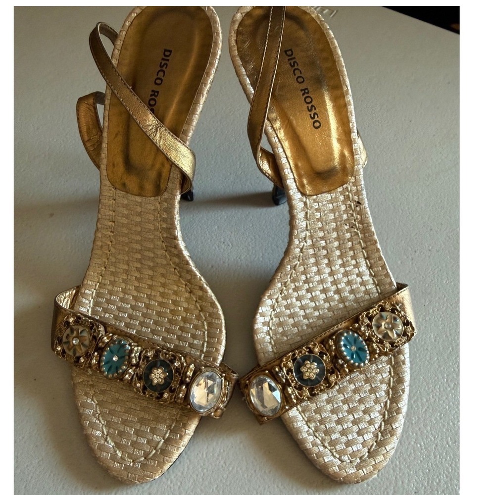 Disco Rosso Gold Leather Embellished Stiletto Sandals Made in Brazil Size 37